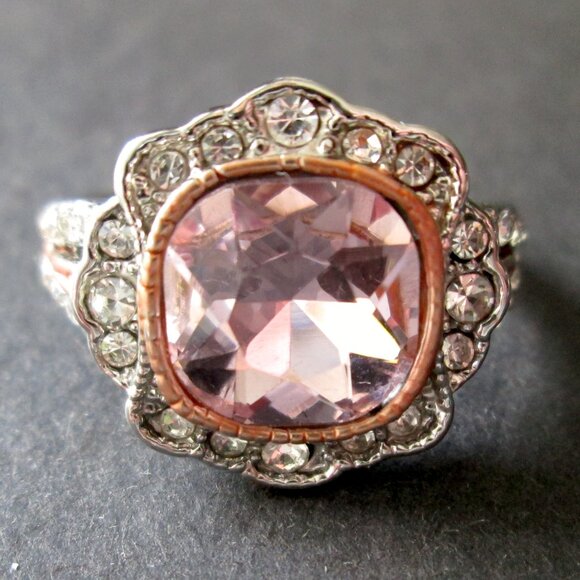 Statement Ring Sterling Silver 925 Pink Cushion Cut Pink Crystal Size 10 1/2 - Picture 3 of 13